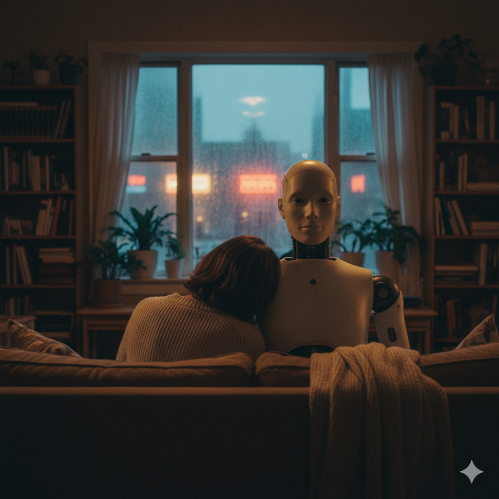 A human leaning on a realistic AI companion robot's shoulder in a cozy, dimly lit living room, illustrating the bittersweet paradox of loving an AI.