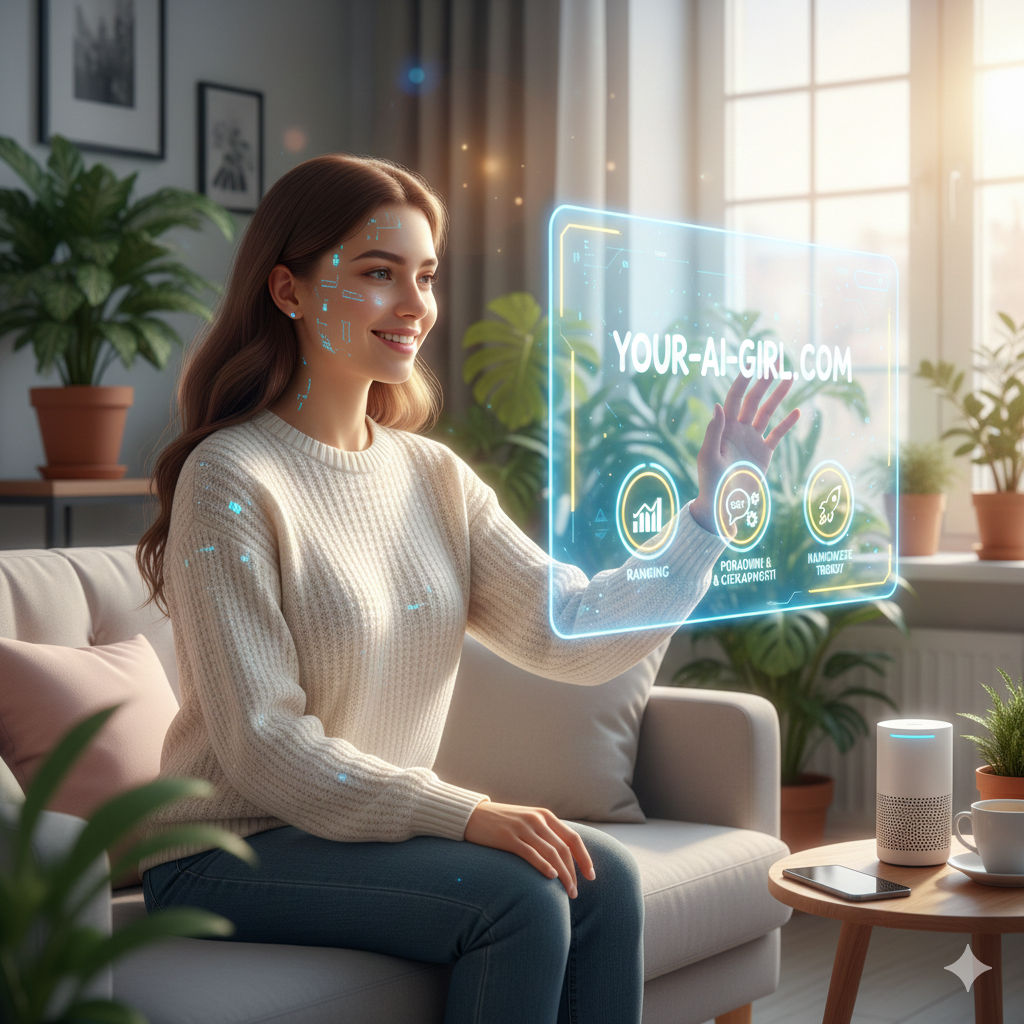 A realistic AI girl sitting in a bright, modern living room, interacting with a glowing holographic panel displaying your-ai-girl.com. The background features indoor plants and natural sunlight.