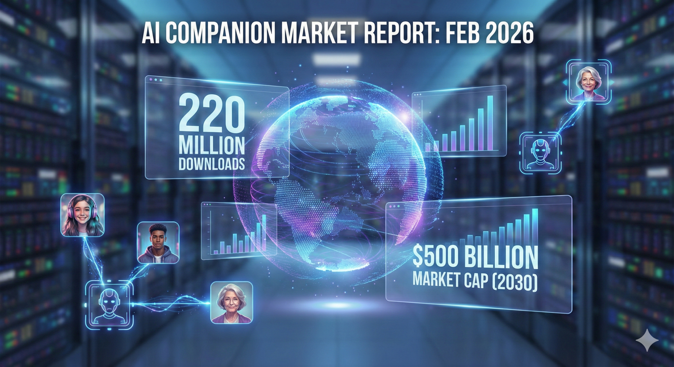 Global AI Companion market report infographic for February 2026 showing 220 million downloads and 500 billion dollar forecast.