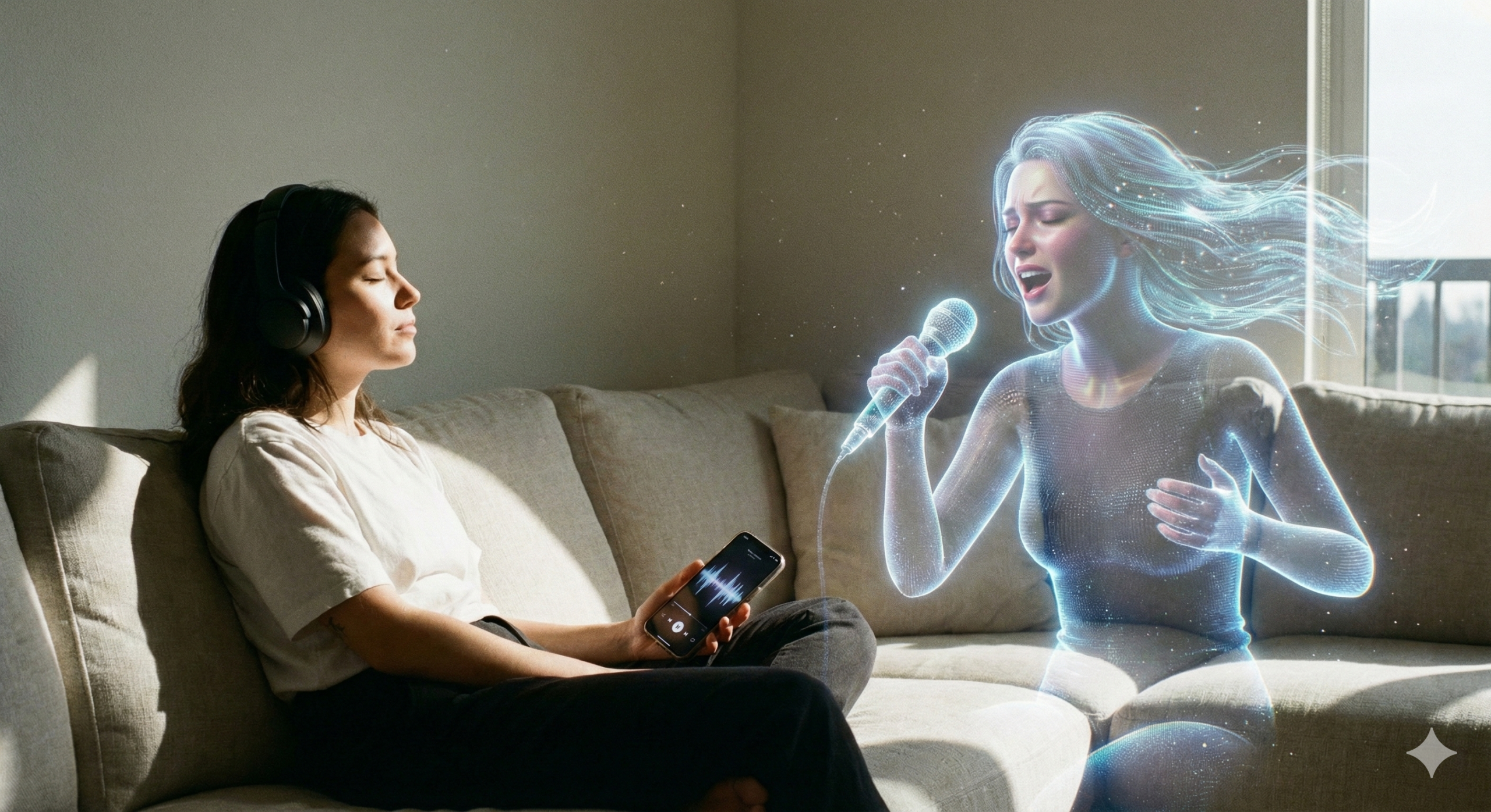 A woman sitting on a modern couch with headphones, listening to a glowing, translucent holographic AI female companion singing into a light-based microphone.
