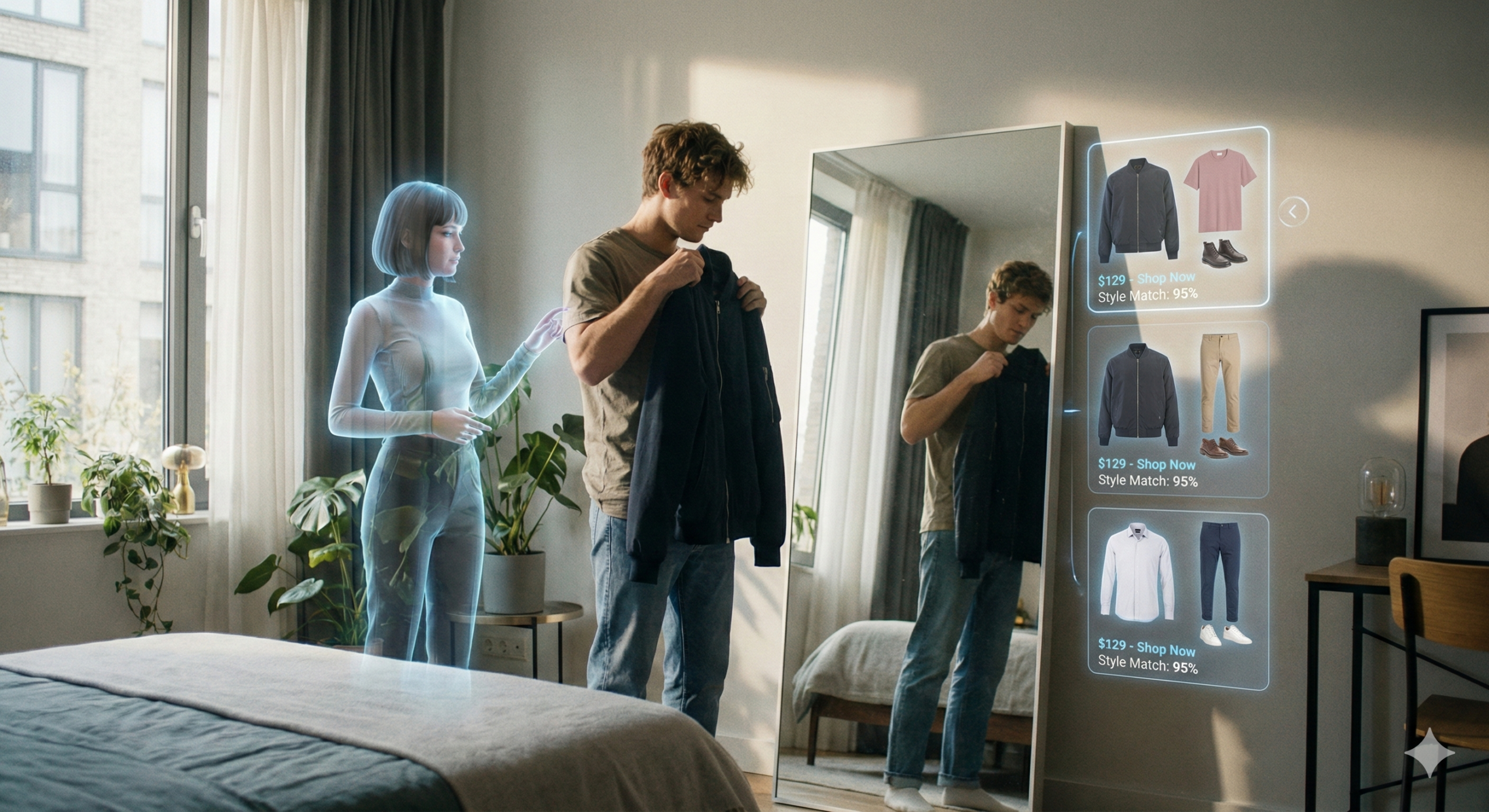 A translucent holographic AI female companion helping a man choose clothes using an augmented reality interface in a modern bedroom.