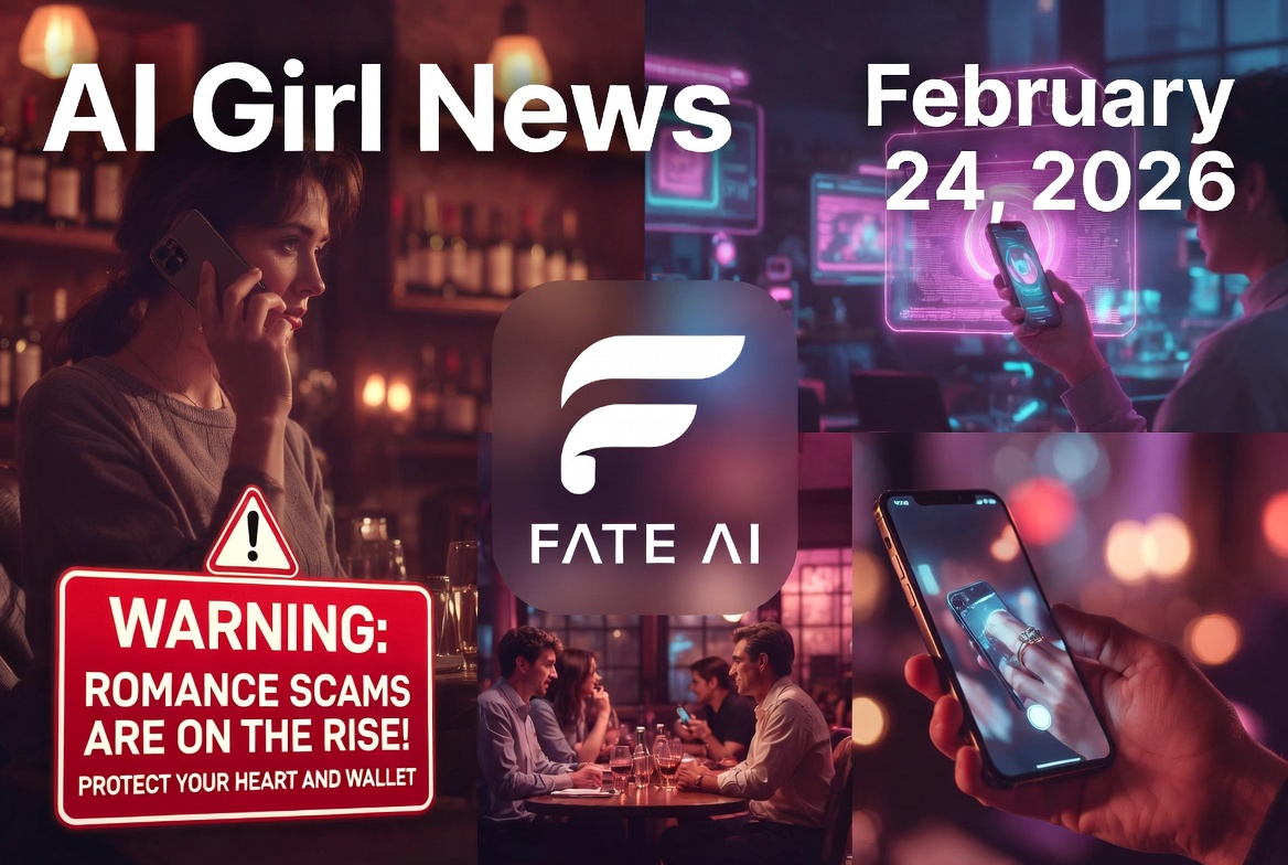AI Girl News February 24 2026 – EVA AI Dating Café in New York, new Fate AI dating app, and romance scam warnings collage