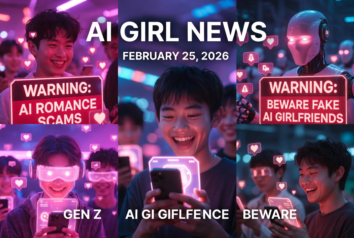 AI Girl News February 25 2026 – Gen Z deeply engaging in AI romance, new romance scam warnings, and humanoid AI developments collage