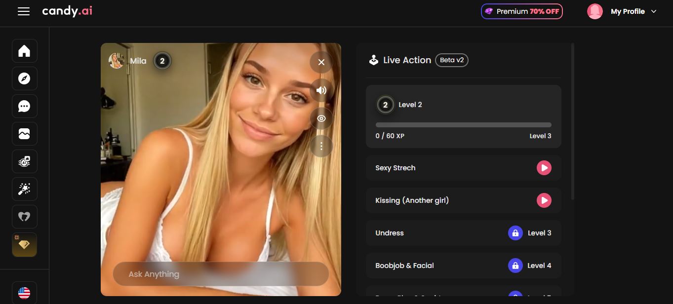 Candy AI chat interface with Mila showing Live Action Beta v2 panel, Level 2 progress, Sexy Stretch, Kissing, Undress and Boobjob & Facial actions – February 2026 review screenshot