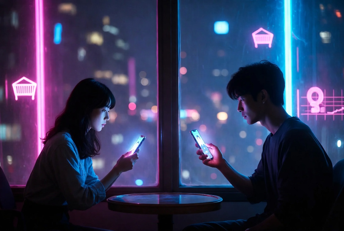 China AI Romance Crisis 2026 – Young Chinese people choosing AI companions over real relationships, neon Shanghai night city with glowing AI girlfriends