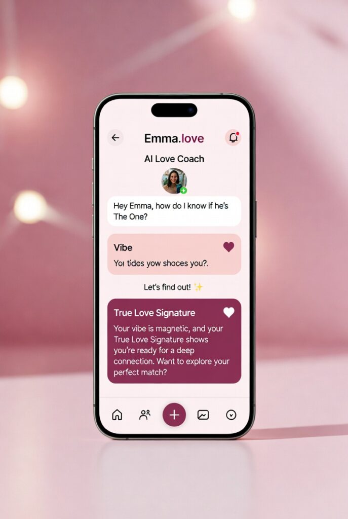 Emma.love AI Love Coach mobile app interface on iPhone showing chat, Vibe section and True Love Signature feature