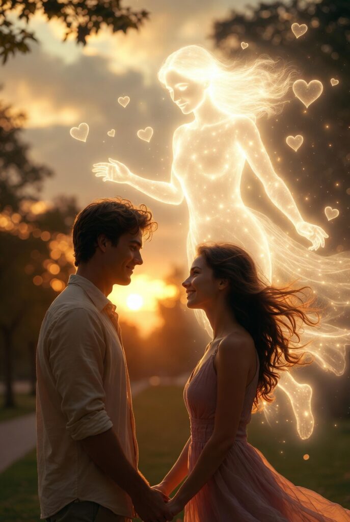 Symbolic illustration of a happy couple holding hands with a glowing ethereal holographic AI figure representing Emma.love as a bridge to real human love