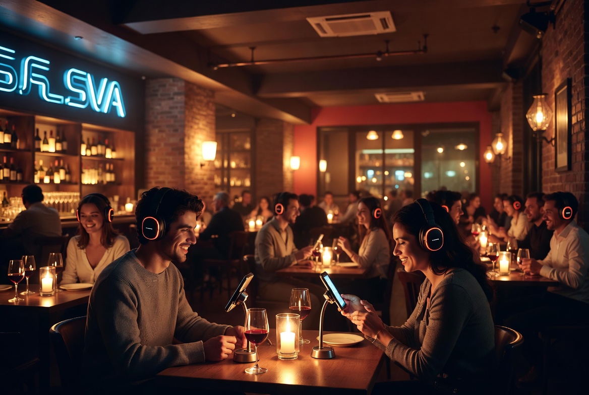 The world's first EVA AI Dating Café at Same Same Wine Bar in Hell’s Kitchen, New York, February 2026. Single guests sitting alone at candlelit tables on dates with their AI companions on smartphones, romantic and surreal atmosphere.
