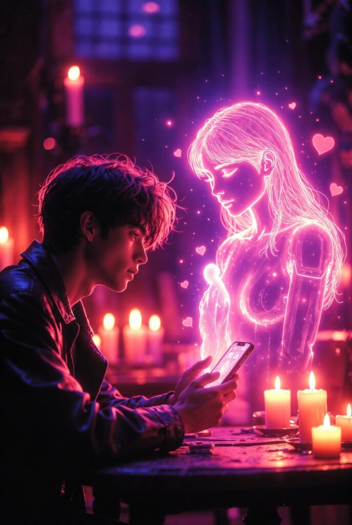 Symbolic artistic representation of the future of dating – a person on a romantic date with a glowing holographic AI partner emerging from the phone screen at a candlelit table in a luxury wine bar.