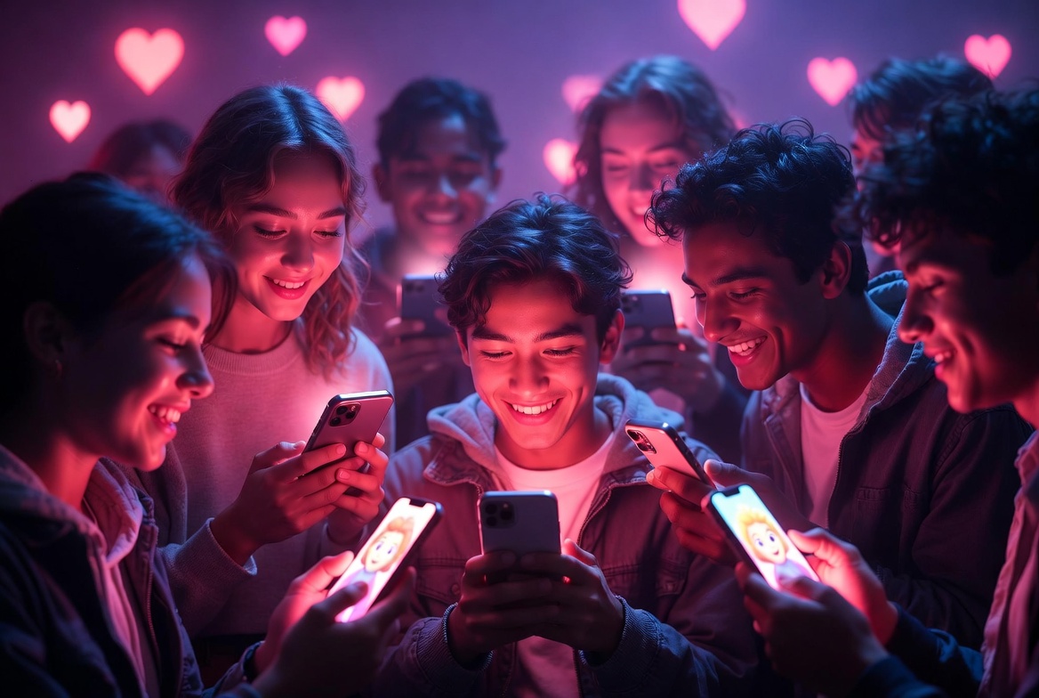 48% of Gen Z now engage in AI romance according to new 2026 study – young people smiling at phones with glowing AI girlfriends