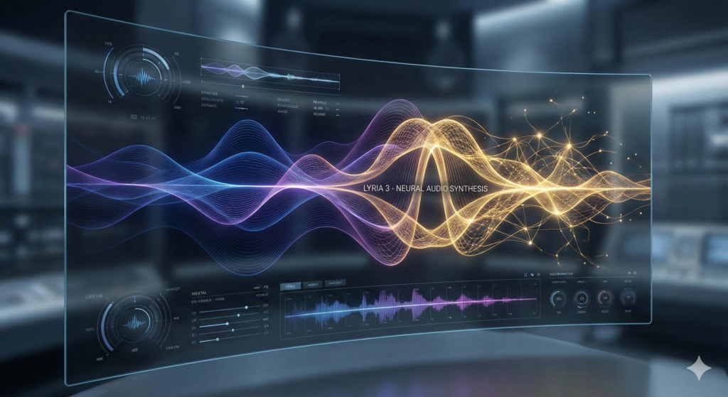Technical visualization of Google Lyria 3 showing colorful digital sound waves morphing into golden, glowing human vocal cords on a futuristic interface.