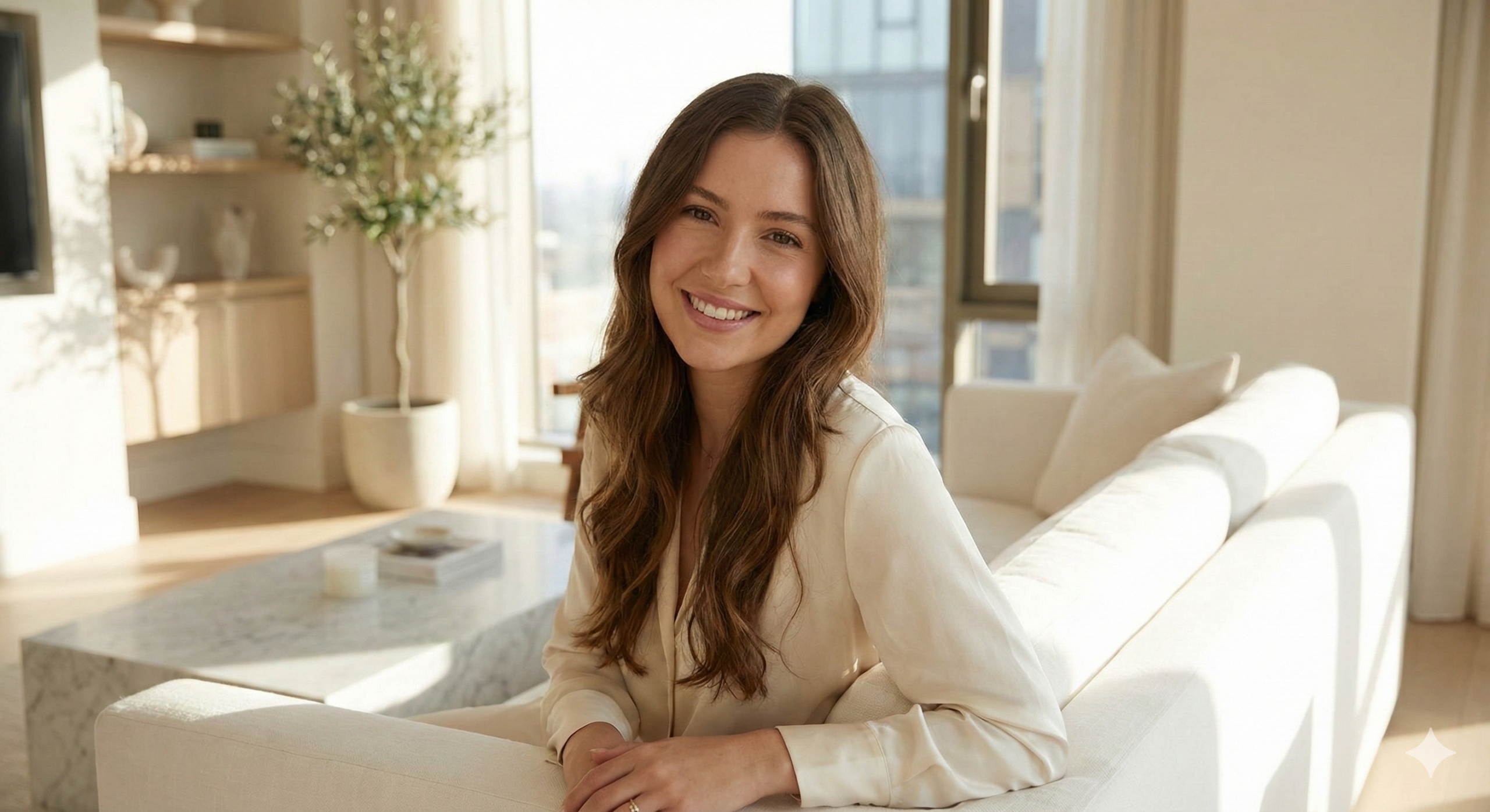 A photograph of a smiling, attractive young woman with long brown hair, sitting on a white sofa in a modern, sun-drenched apartment. The image illustrates the concept of a personalized 'ideal' AI girlfriend, as discussed in the context of digital relationships and lovebot technology.