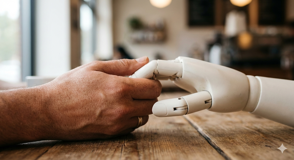 Close up of a human hand holding an advanced robotic AI hand, representing the biological and psychological effects of AI companionship.