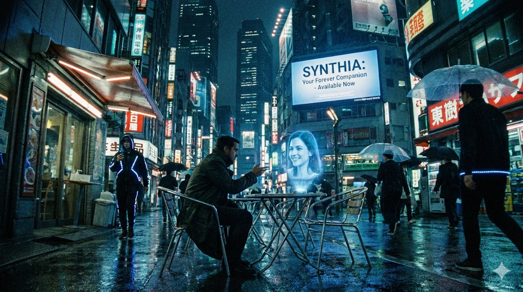 A lonely person sitting at a futuristic city cafe interacting with a holographic AI girlfriend, highlighting the monetization of the loneliness epidemic.
