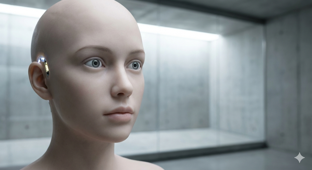 Portrait of a hyper-realistic female AI android with a vacant expression, symbolizing the flawless but empty nature of synthetic love.