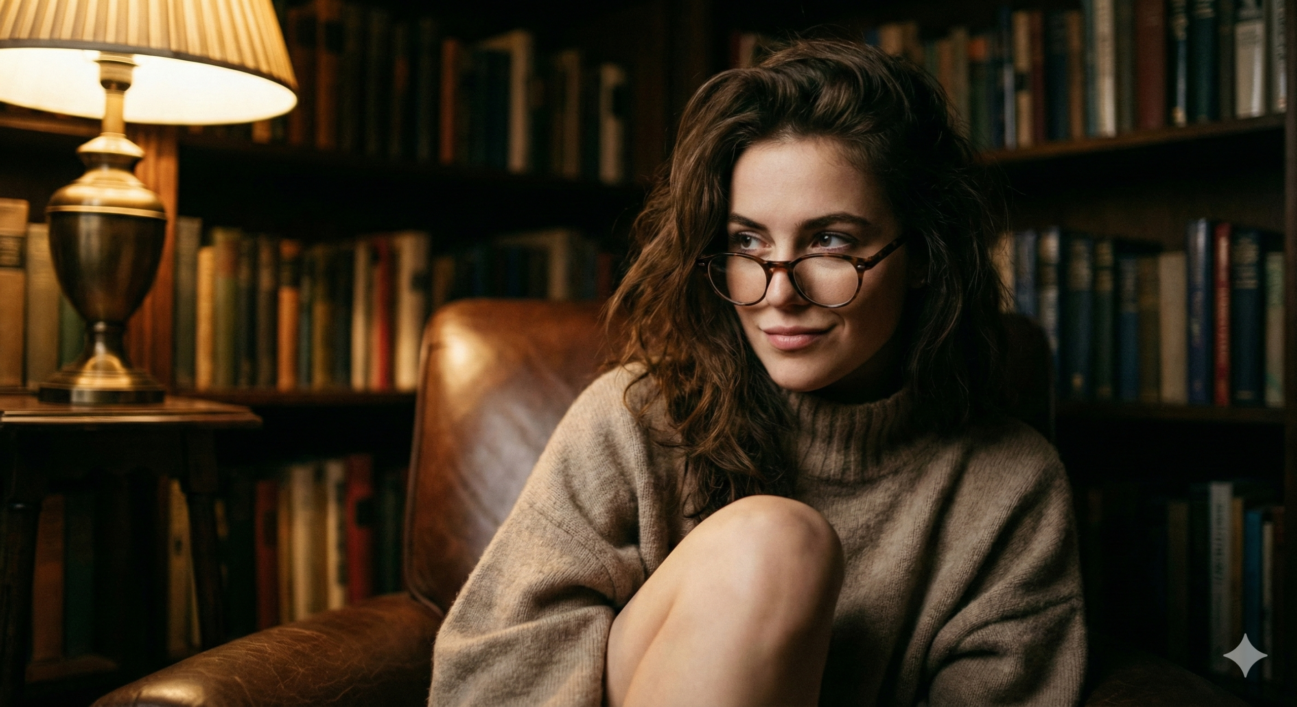 A candid-style portrait of an attractive, intelligent young woman with tousled brunette hair and stylish glasses, wearing a cozy sweater. She is sitting in a dimly lit, sophisticated home library surrounded by old books, looking slightly off-camera with a knowing smirk. This image illustrates a smart AI persona.