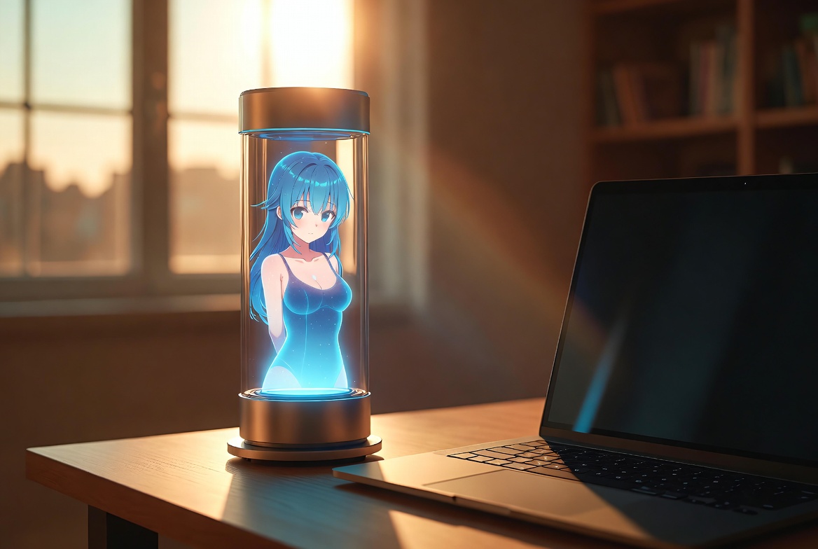 Lepro Ami CES 2026 review – the world’s first physical desktop AI soulmate on a modern home office desk with glowing holographic anime girl, sunrise light, futuristic tech atmosphere