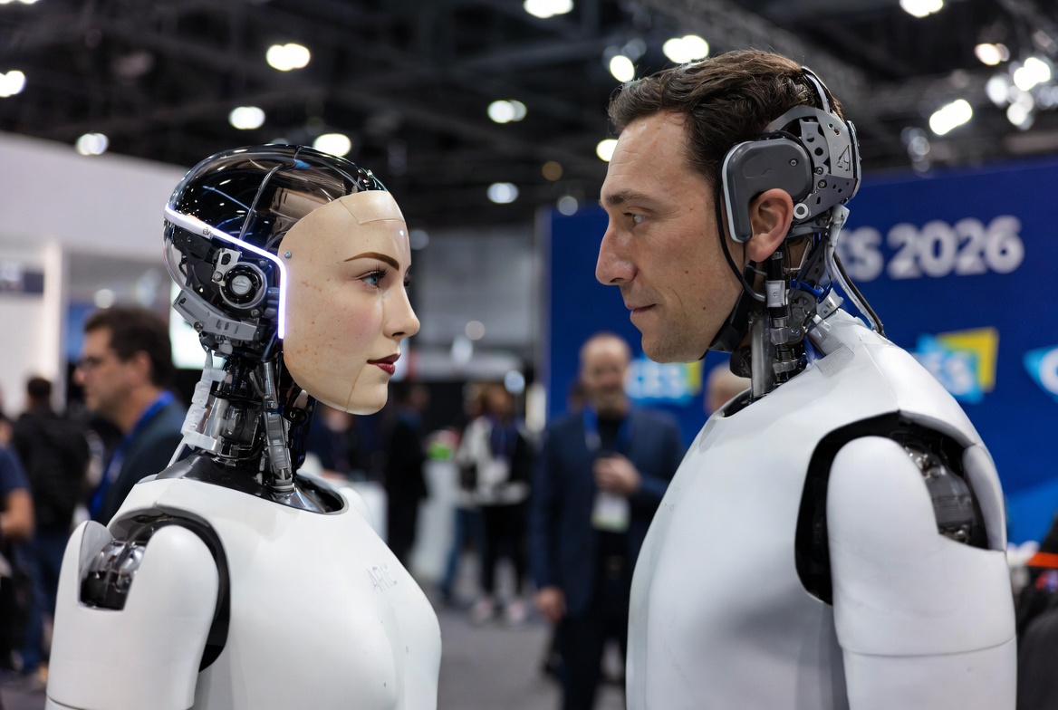 Realbotix Aria and David – First public unscripted conversation between two autonomous humanoid robots at CES 2026, powered by on-device AI