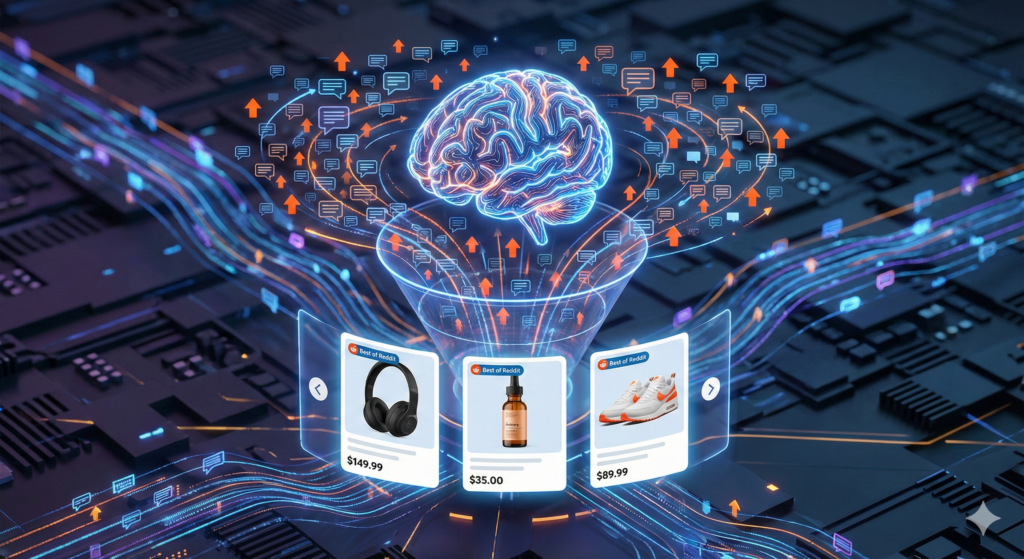 A futuristic digital interface showing a glowing neural network processing Reddit text bubbles into organized e-commerce product carousels.