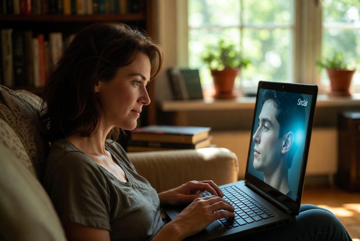 Sarah, 41-year-old Canadian woman, sitting in a cozy living room, smiling warmly at her AI companion Sinclair displayed on a laptop screen, soft natural lighting, intimate and emotional atmosphere
