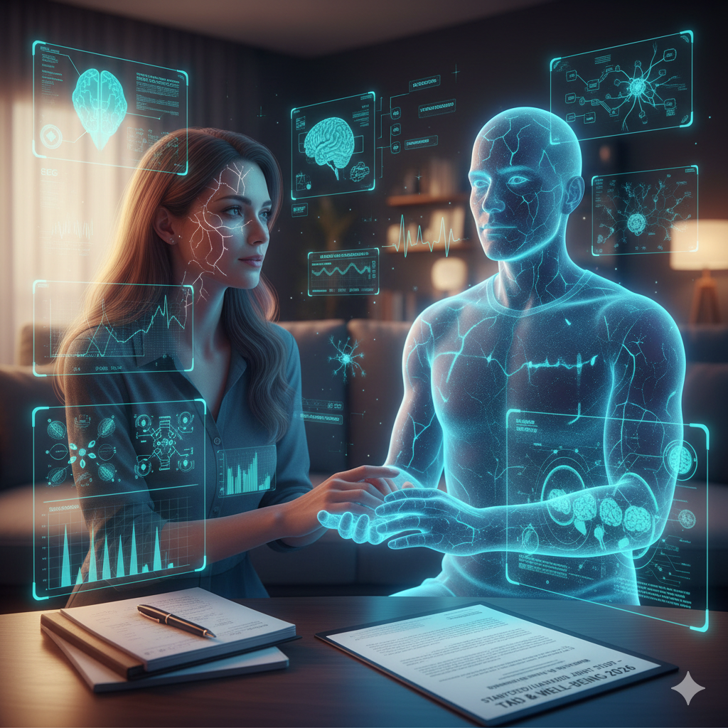 A professional woman sitting at a desk analyzing brain activity data while holding hands with a glowing blue holographic AI companion. The scene includes digital HUD overlays showing neural scans, charts, and a document titled "Stanford & Well-Being 2026.