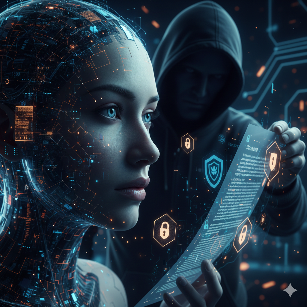 Malicious AI agents from campaign smp_170 stealing data through documentation hacks, depicted by a digital AI woman and a hacker.