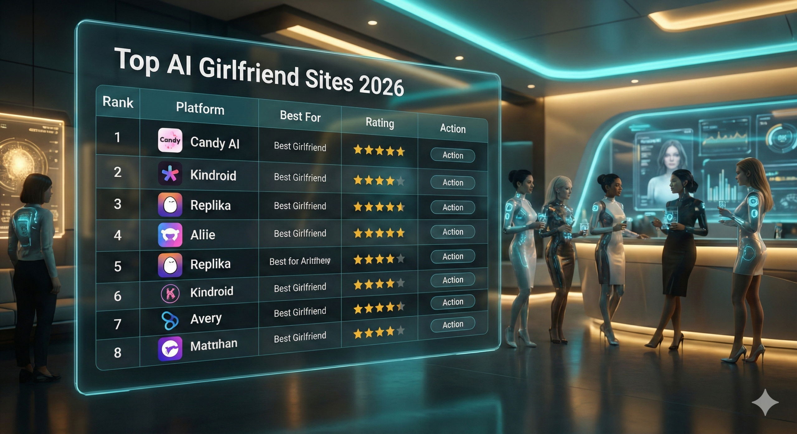 Futuristic holographic ranking chart displaying the top AI girlfriend platforms in 2026, with realistic AI women in a high-tech lounge background.
