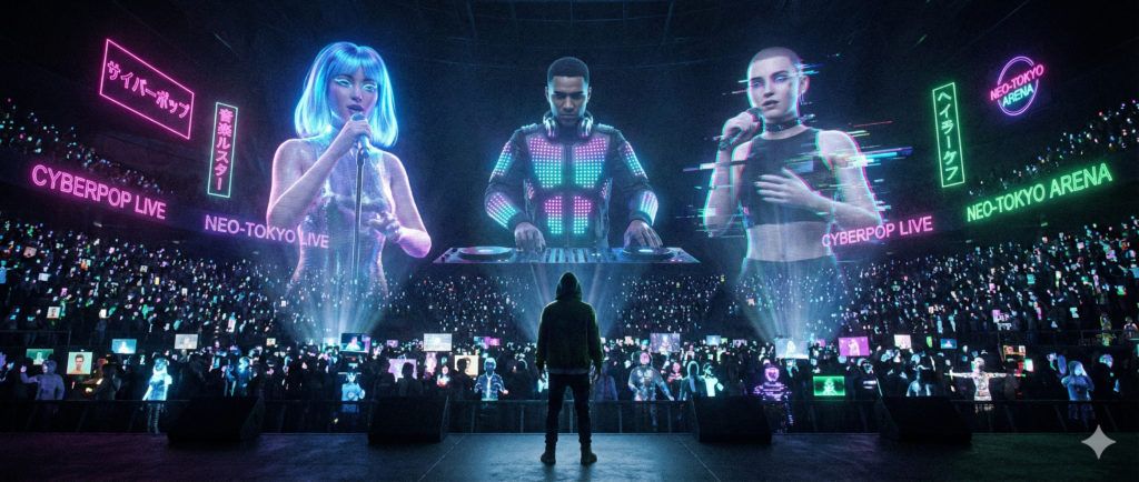 A wide-angle cyberpunk shot of a person on a dark stage looking up at massive, towering neon holographic AI pop stars performing for a digital crowd.