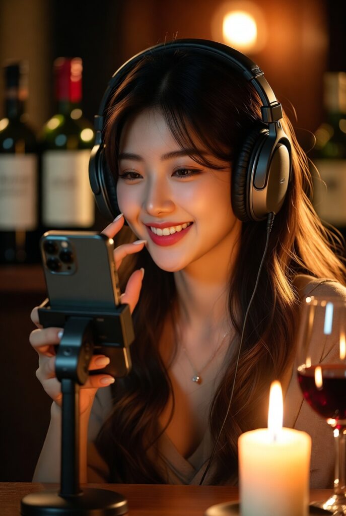 Young woman smiling while on a live video date with her AI companion at the EVA AI Dating Café in New York, wearing headphones and enjoying a glass of wine at a candlelit table.