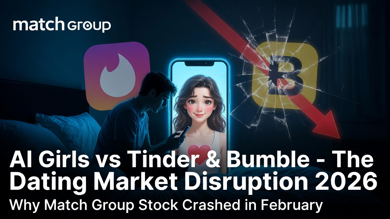 AI girlfriend avatar on phone screen disrupting Tinder Bumble – Match Group stock drop 2026