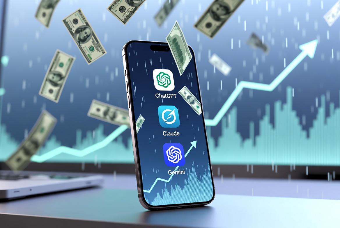 AI Mobile Apps Consumer Spending 2026 – Smartphone with popular AI apps like ChatGPT and Claude, floating dollar bills and growth charts