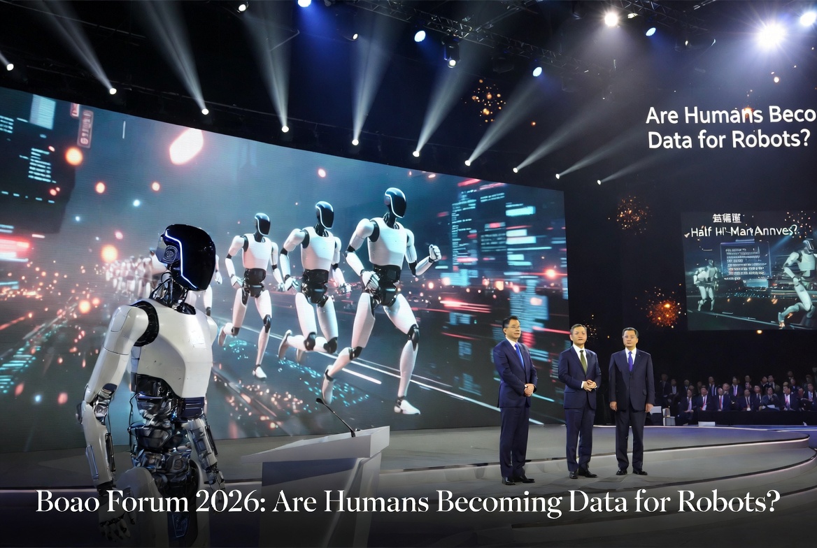 Boao Forum 2026 stage with humanoid robot and Chinese tech leaders discussing "Are Humans Becoming Data for Robots?" – AI regulation and humanoid future