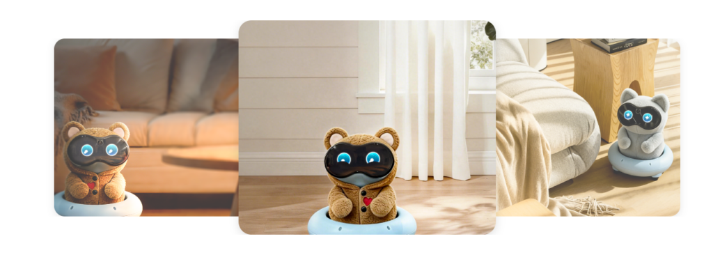 Cocomo Ludens AI – official product photos: warm teddy bear and cat-shaped robot pet from CES 2026