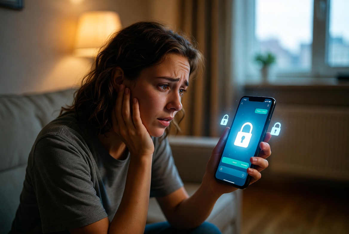 Emotional Data Protection Act 2026 – Young woman checking if her AI companion conversations are truly private, realistic privacy and encryption symbols