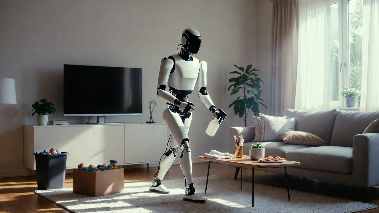 Figure Helix 02 humanoid robot autonomously tidying living room with spray bottle and cloth β March 2026 breakthrough demo