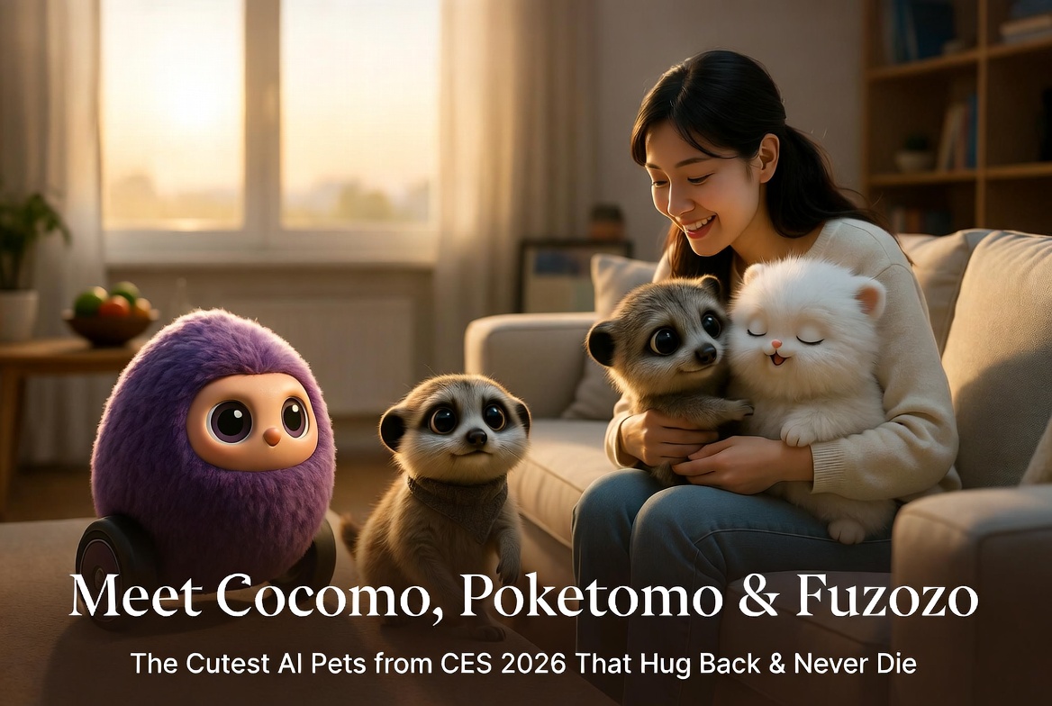 Cocomo Poketomo Fuzozo cute AI pets from CES 2026 hugging and following owner