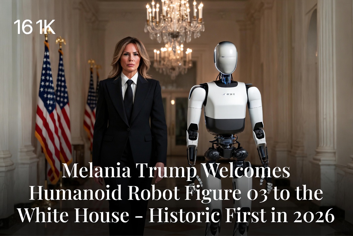 Melania Trump standing with humanoid robot Figure 03 inside the White House – historic first in 2026