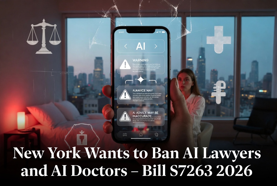 New York Bill S7263 – woman holding smartphone with AI legal and medical warning messages, scales of justice and medical symbols in background – AI lawyers and doctors ban 2026
