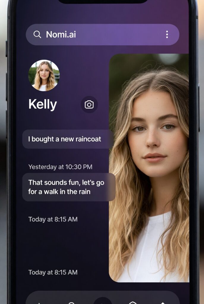 Nomi AI mobile app interface with Kelly character discussing raincoat and walk 2026