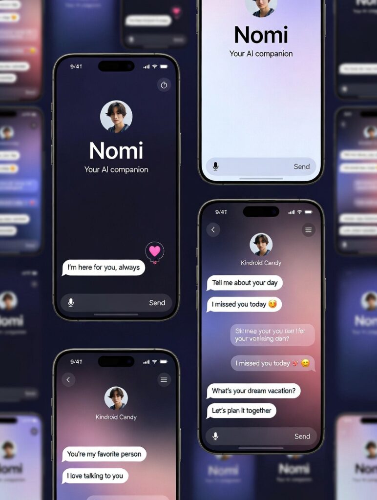 Nomi Kindroid Candy AI companion apps interfaces 2026