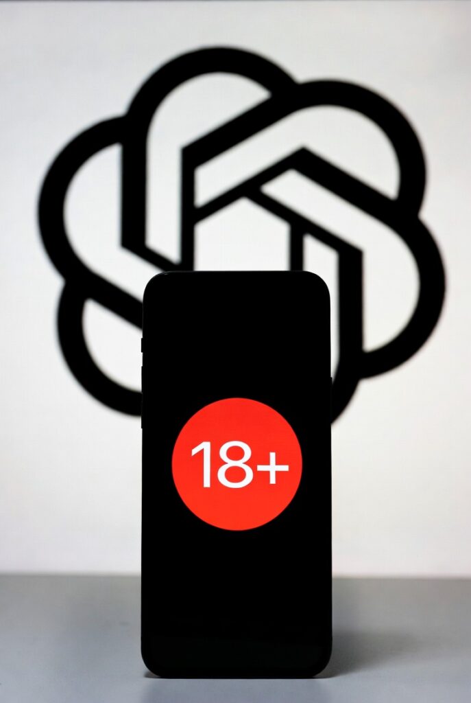 OpenAI logo with red 18+ symbol on smartphone screen – ChatGPT Adult Mode 2026
