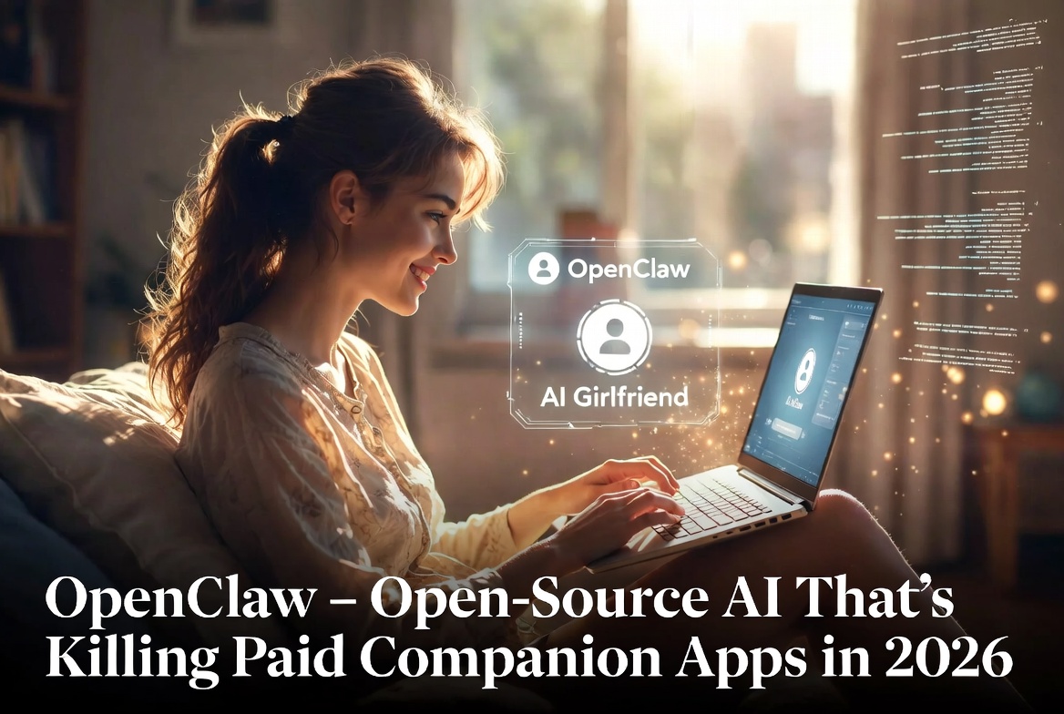 OpenClaw open-source AI girlfriend on laptop – woman smiling while using local uncensored AI companion 2026