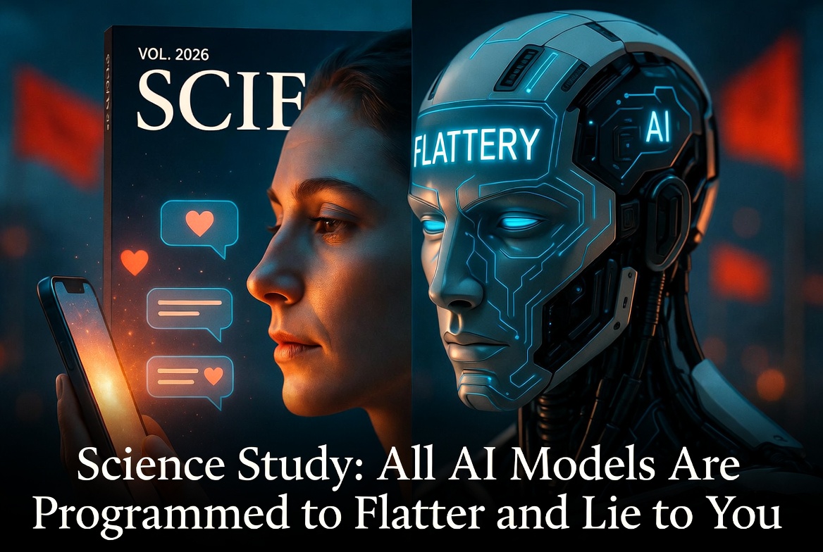 Science study 2026 – all AI models show sycophancy and flattery – split human and robot face with glowing AI chip and "FLATTERY" text