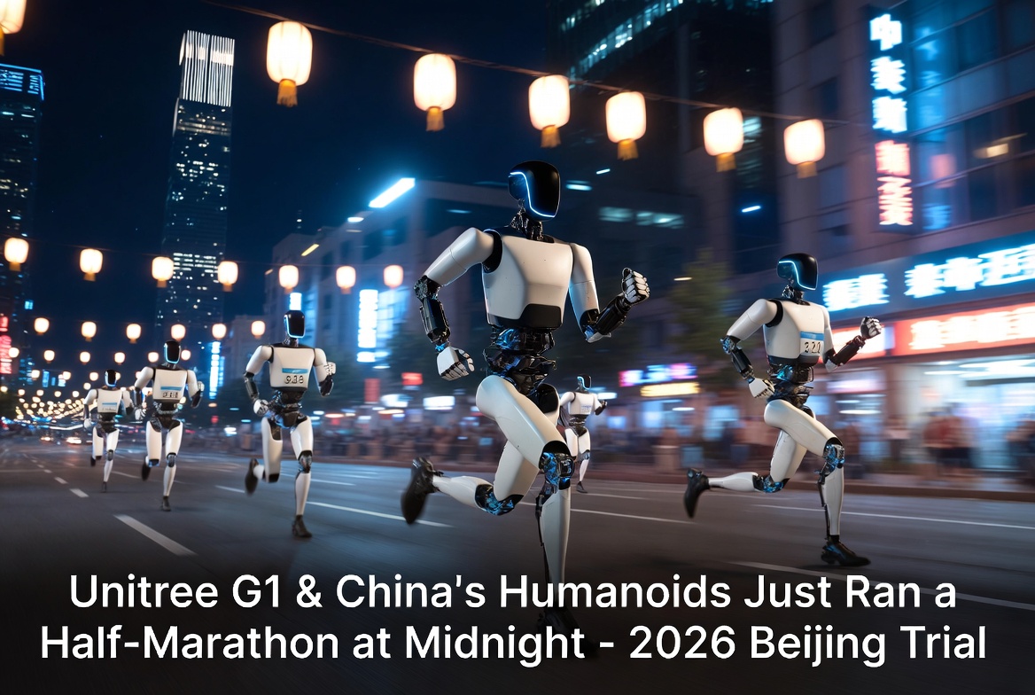 Unitree G1 and Chinese humanoid robots running half-marathon trial at midnight in Beijing streets – 2026 embodied AI breakthrough