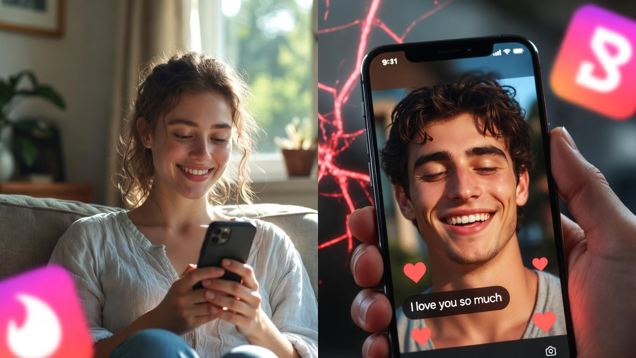 Young woman smiling at phone with AI boyfriend avatar saying "I love you so much" – Tinder Bumble logo in background, symbolizing virtual cheating debate 2026