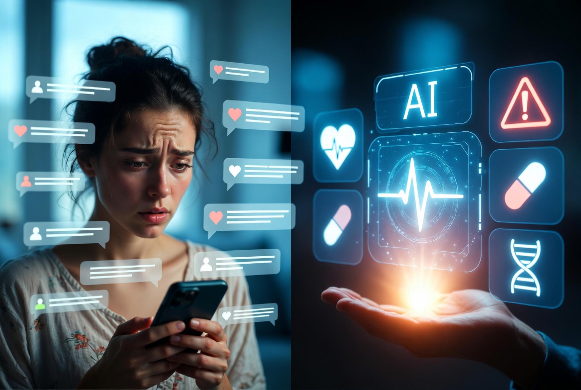 Young woman consulting AI chatbot about health on smartphone – 1 in 3 Americans asking AI for medical advice 2026