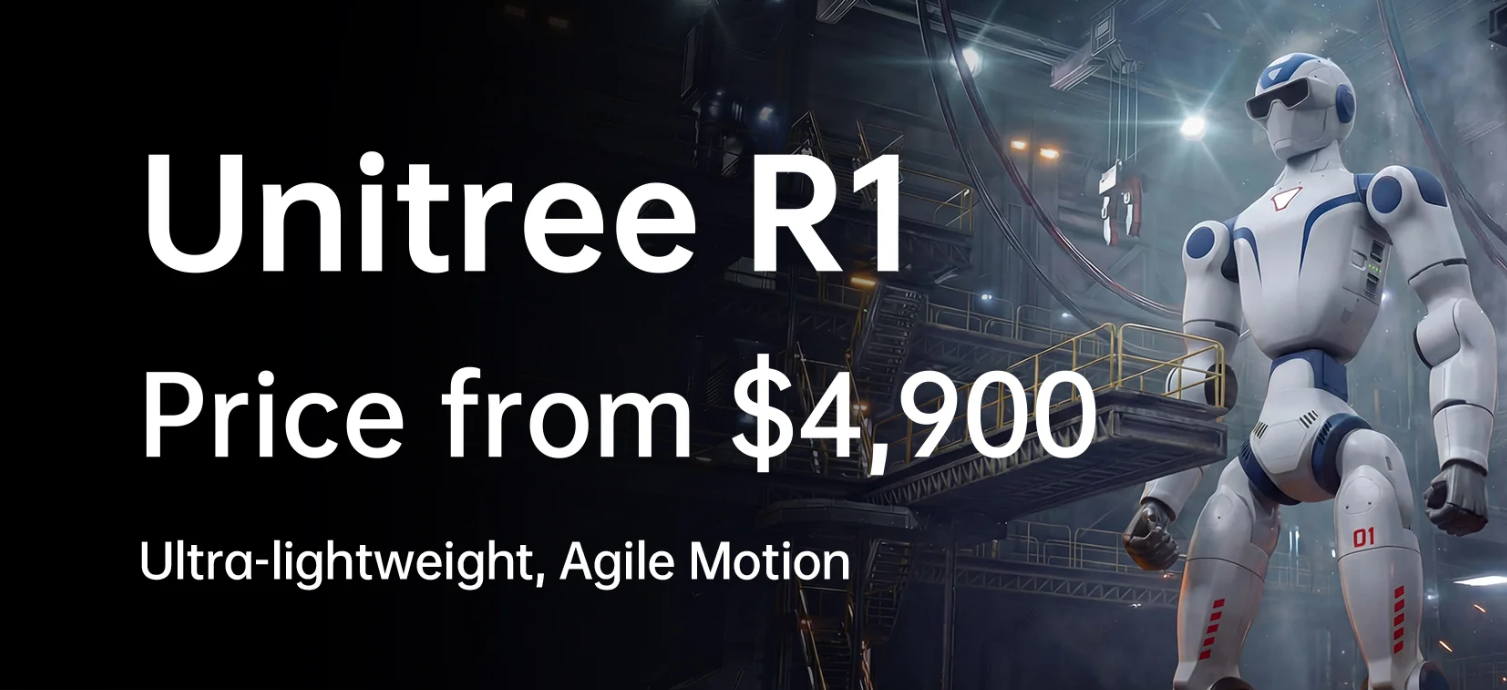 Unitree R1 humanoid robot official promotional image with price from $4,900 and text "Ultra-lightweight, Agile Motion" 2026