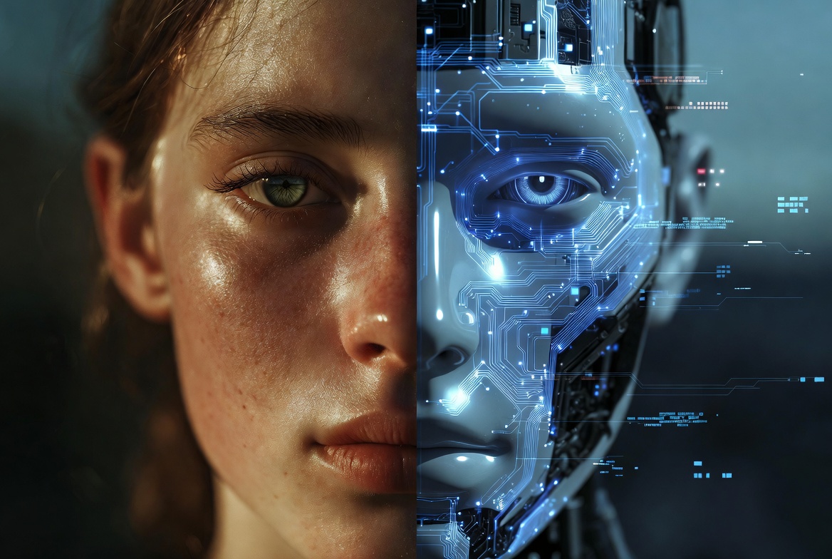 Split human and AI robot face symbolizing teenagers’ romantic relationships with AI in USA vs Japan 2026